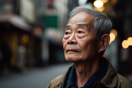 portrait of an elderly asian man in the city looking up thoughtfulの素材