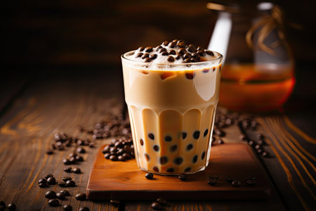 Taiwanese milk tea accompanied by boba pearls placed on a wooden backdrop.の素材
