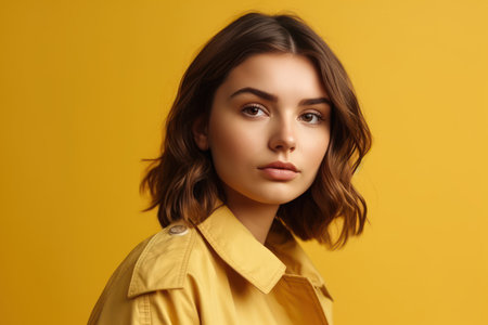 portrait of a young beautiful woman in studio on yellow backgroundの素材
