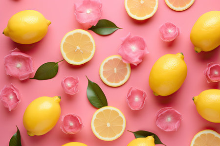 Pink background with lemons placed separatelyの素材