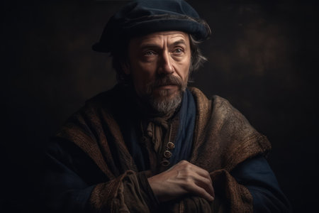 portrait of medieval man in vintage clothing on dark backgroundの素材