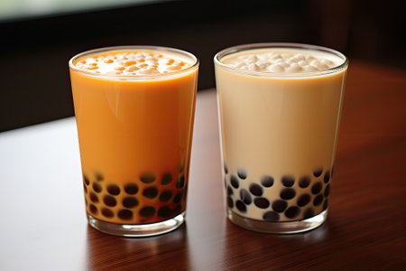 Taiwanese milk tea and Thai milk tea served with tapioca pearls.の素材
