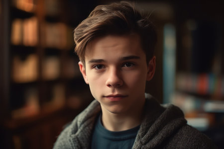 portrait of male teenage student looking into the camera in libraryの素材
