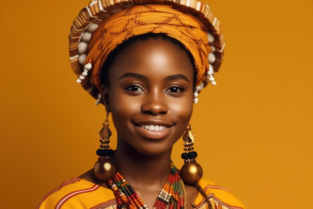 portrait of african woman in national costume smiling at camera isolated on yellow backgroundの素材