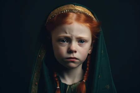portrait of little red headed girl child in costume of royal crying isolated over dark greenの素材