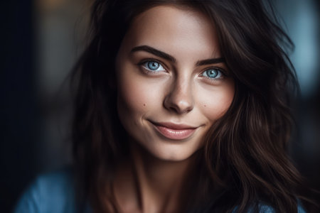 portrait of pretty woman with dark hair and blue eyesの素材