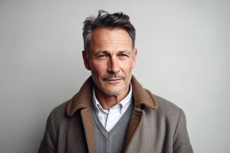 portrait of mature man wearing grey jacket standing against white wall with copy spaceの素材