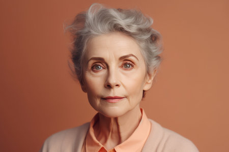 portrait of nice charming aged concentrated woman with serious expression standing over pastel colorの素材