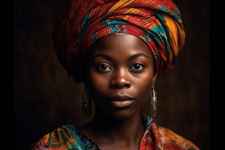 portrait of african woman with a colorful traditional shawl on her headの素材
