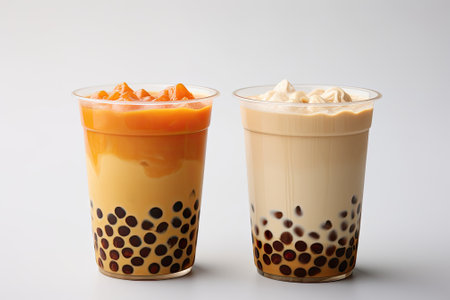 Taiwanese milk tea and Thai milk tea served with tapioca pearls.の素材