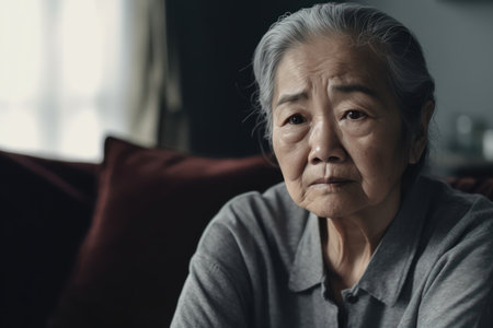 portrait of an unhappy senior asian woman sitting on couch at homeの素材