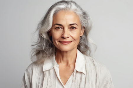 portrait of mature business woman smile while standing against white backgroundの素材