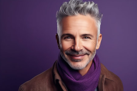 portrait of positive mature man smiling in camera isolated over violet color backgroundの素材
