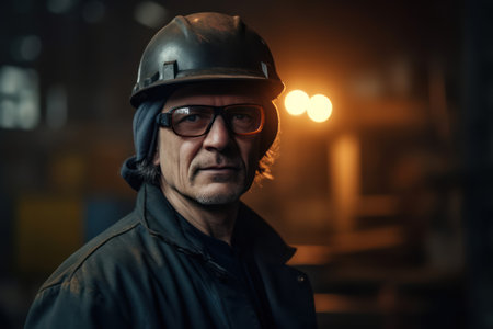 portrait of professional heavy industry engineer worker wearing safety uniform goggles and hard hatの素材