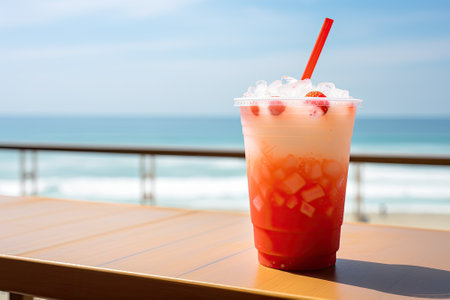 Refreshing strawberry boba bubble tea served over crushed ice, enjoyed while standing on a deck overの素材