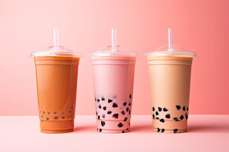 There are three variations of Boba Tea displayed against a pink backdrop.の素材