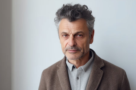 portrait of mature man wearing grey jacket standing against white wall with copy spaceの素材