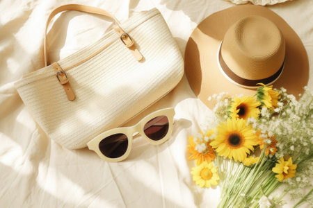 Sunny Style: A Stunning Summer Flat Lay with Rattan Bag and Sunglassesの素材