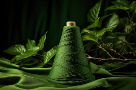 Sustainable fashion represented by a green yarn cone adorned with a leaf, set against a background oの素材
