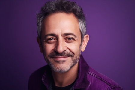 portrait of positive mature man smiling in camera isolated over violet color backgroundの素材