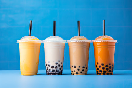 Three varieties of Boba Tea displayed against a backdrop of blue.の素材