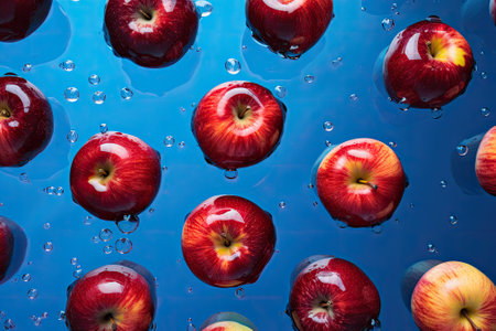 Vibrant fruit design showcasing ripe red apples arranged on a blue backdrop when viewed from above.の素材