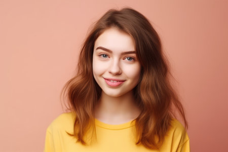portrait of attractive cute girlish brown haired cheerful girl wear yellow tshirt isolated over pinkの素材