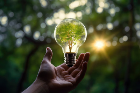 The idea of sustainable energy: Tree-shaped light bulb held by a human hand against a blurry backdroの素材