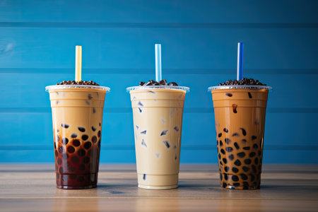 Three variations of Boba Tea showcased against a backdrop of blue.の素材