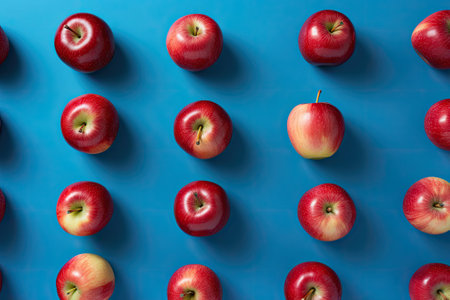 Vibrant fruit design showcasing ripe red apples arranged on a blue backdrop when viewed from above.の素材
