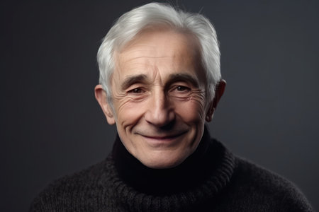 portrait of old white hair optimistic man blink wear dark sweater isolated on grey backgroundの素材