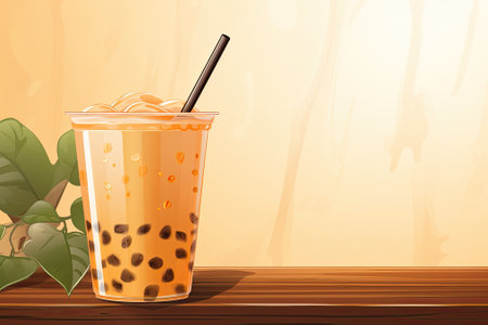 Wooden background showcasing traditional Taiwanese bubble milk teaの素材