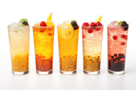 Varieties of tea beverages served over crushed ice with fruit pearls against a white background.の素材