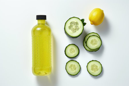 Top view of a bottle of water filled with refreshing lemon and cucumber, perfectly suited for sportsの素材