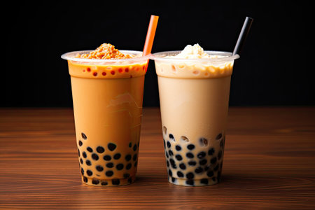 Two glasses of scrumptious tapioca pearl bubble tea, known as Famous Boba milk tea, are pictured aloの素材