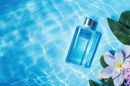 A blue cosmetic bottle is floating on the surface of water. The label is empty, allowing for brandinの素材