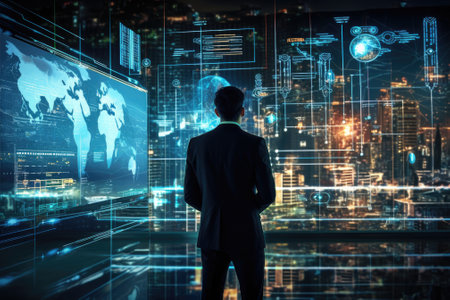 A businessman leverages artificial intelligence to analyze and present intricate information on a viの素材