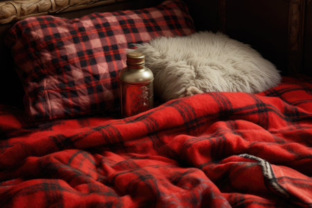 A bed adorned with a checkered plaid and a hot water bottle encased in a knitted cover.の素材
