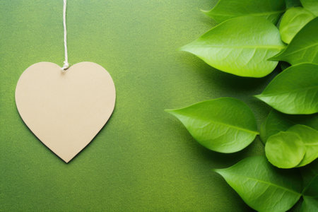 A banner of summer nature featuring a green leaf background and a heart-shaped label made of recycleの素材