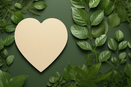 A banner of summer nature featuring a green leaf background and a heart-shaped label made of recycleの素材