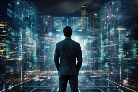 A businessman is engaging with the advancement of technology in the digital world, encompassing areaの素材