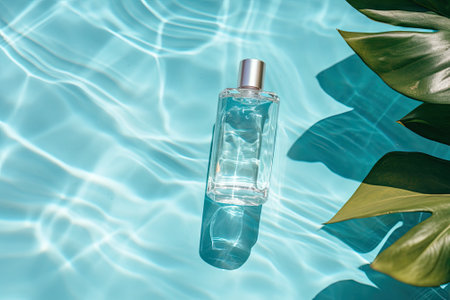 A clear cosmetic bottle is floating on the water, with an empty label that can be personalized for bの素材