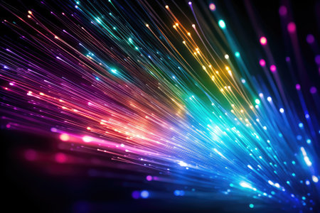 A detailed view of a colorful abstract background representing the concept of fiber optics and commuの素材