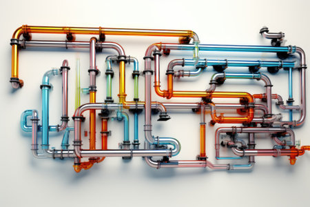 A 3D illustration displaying a detailed, up-close view of intersecting pipes that connect to a boileの素材