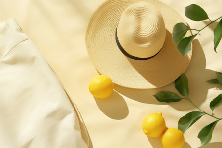 A fashionable representation of summer depicted as a flat lay on a beige background. This includes aの素材