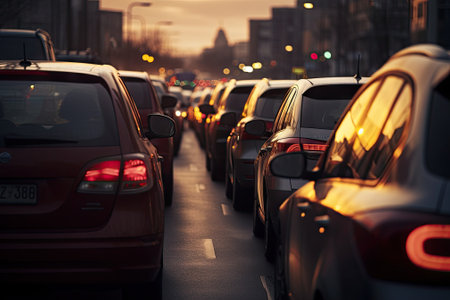 A familiar sight during busy traffic hours: A long line of cars in a jam, eagerly anticipating the oの素材