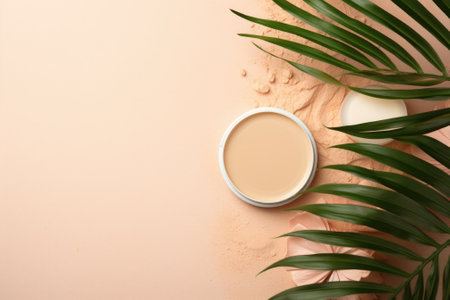 A flat lay with a palm leaf on a pastel beige background, creating a cosmetic-themed setting. Plentyの素材