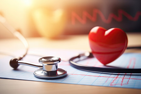 A close-up picture of a table showing a cardiogram chart alongside a medical stethoscope and a smallの素材