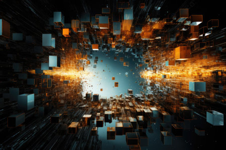 A fragmented digital environment with fluid particles soaring within. A backdrop evocative of cyberの素材