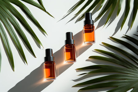 A flat lay image featuring white, orange, and black serum bottles placed on a white background. Theの素材